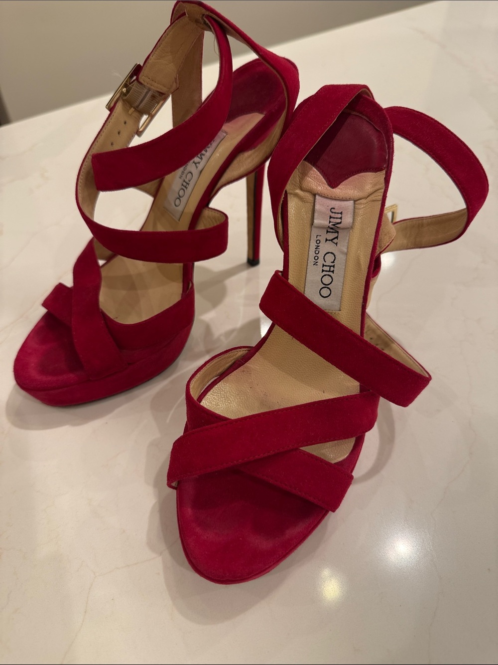 Jimmy Choo Red Suede Strappy Platform Stiletto Sandals